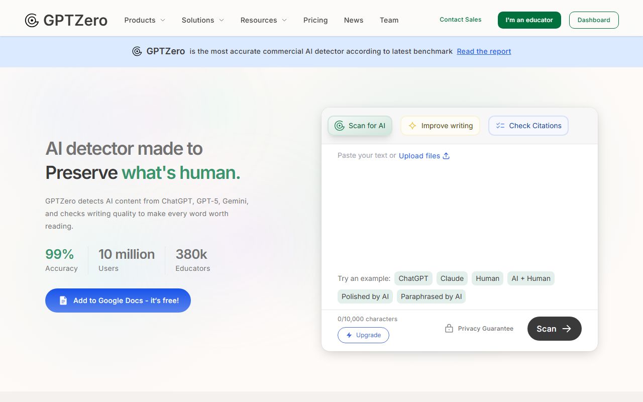 Screenshot of GPTZero